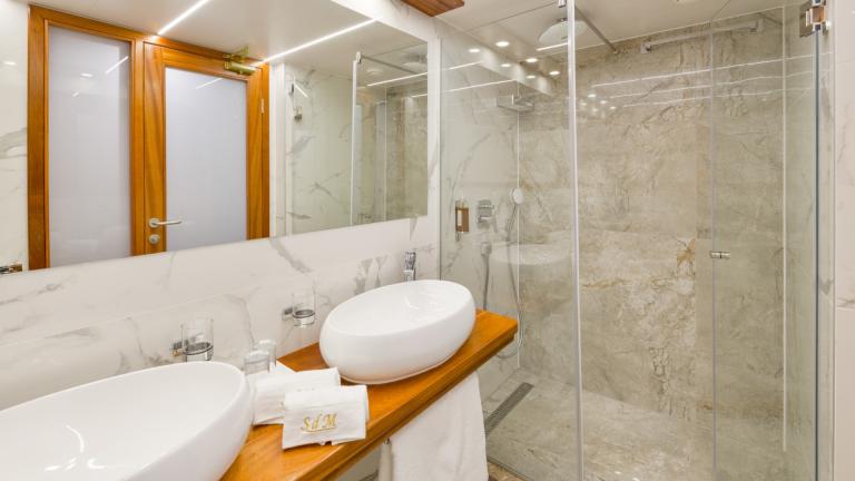 Das Badezimmer hat eine ebenerdige Dusche, einen grossen Spiegel und zwei Designer Waschschüsseln.